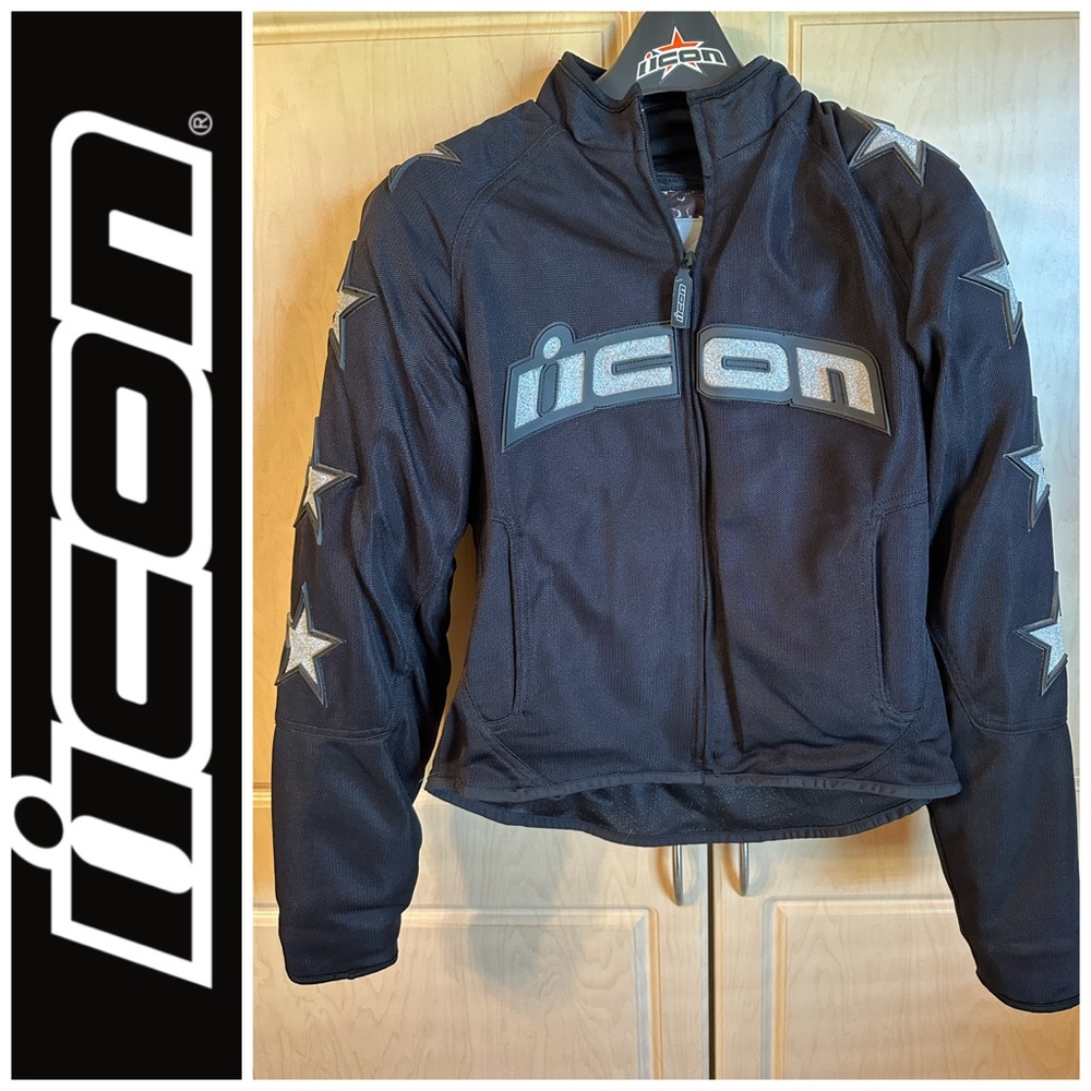Icon Motorsports 54 Hooligan Motorcycle Jacket Silver Stars Design Women Size S